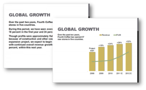Two tablet screens displaying "Global Growth" slides; the left tablet shows text, and the right shows a bar graph of revenue and profit.