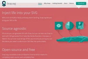 Snap.svg website displays text about injecting life into SVG files alongside teal colored illustrations, including an alligator.
