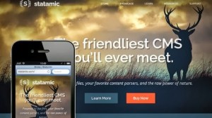 A website's graphic shows on a large screen, with a smartphone showing the same website displayed to the left. The website features the name "statamic," text reading, "the friendliest CMS you'll ever meet," an illustration of a deer, and buttons labeled "Learn More" and "Buy Now."