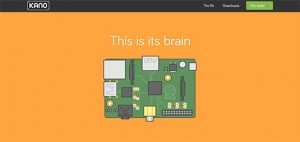 Website landing page for Kano features an illustration of a computer board on an orange background with the text "This is its brain."