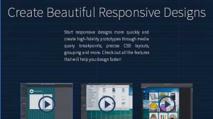Website banner with text, "Create Beautiful Responsive Designs," featuring three application screenshots with play buttons overlaid.