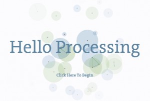 White background with light blue and green circles surrounding the blue words, "Hello Processing" and "Click Here To Begin."