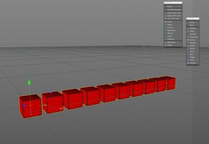 Software interface shows aligned red cubes in a grid environment.
