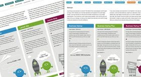 Side-by-side view of two computer screens displaying web design mockups with cartoon graphics and pricing tables.