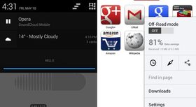Smartphone screen displaying Opera browser options, including Off-Road mode, alongside notification pane showing Opera and SoundCloud Mobile app information.