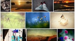 Nine images in a grid arrangement showcase various subjects, including a portrait of an older person, a coastal sunrise, a person's feet, a sunset over a marsh, a meadow, flowers, a woman in a gown, art on a building, a desert landscape, and close-up flowers.