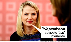 During a television interview, Marissa Mayer smiles, while superimposed text quotes her as saying, "We promise not to screw it up."