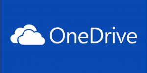 White OneDrive logo with cloud icon on a blue background.