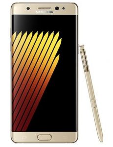 Gold Samsung smartphone displaying an abstract image of tapered lines of yellow through red. A matching stylus leans against the phone's right side.
