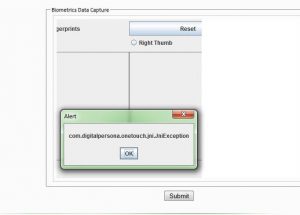 Biometrics Data Capture interface showing an alert window with the text: com.digitalpersona.onetouch.jni.JniException.