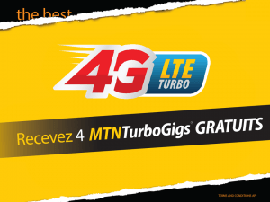 Marketing graphic promoting a 4G LTE Turbo upgrade on a yellow background. The image includes the text "Recevez 4 MTNTurboGigs GRATUITS".